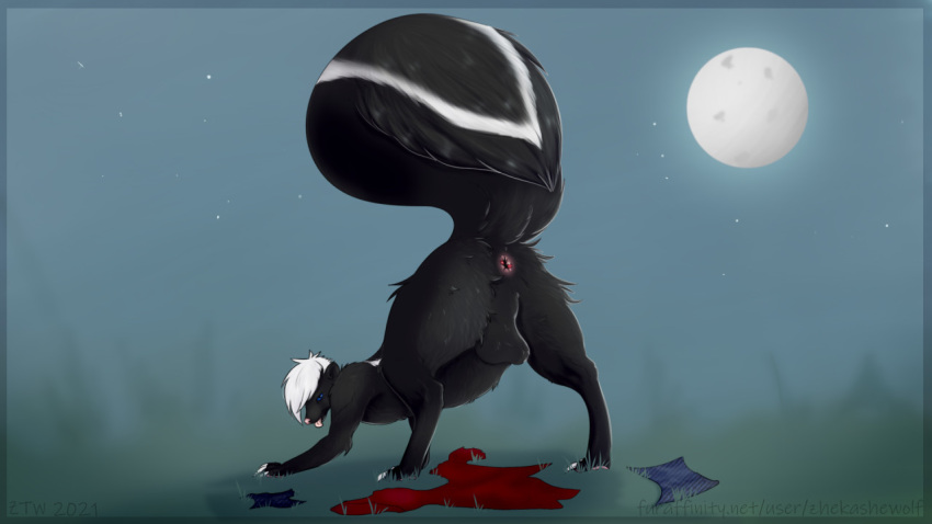 2021 anus ass balls clothing feral fur gaping gaping_anus genitals looking_at_viewer male mammal mephitid moon scenery skunk solo tongue_out torn_clothing transformation were weremephitid wereskunk zhekathewolf