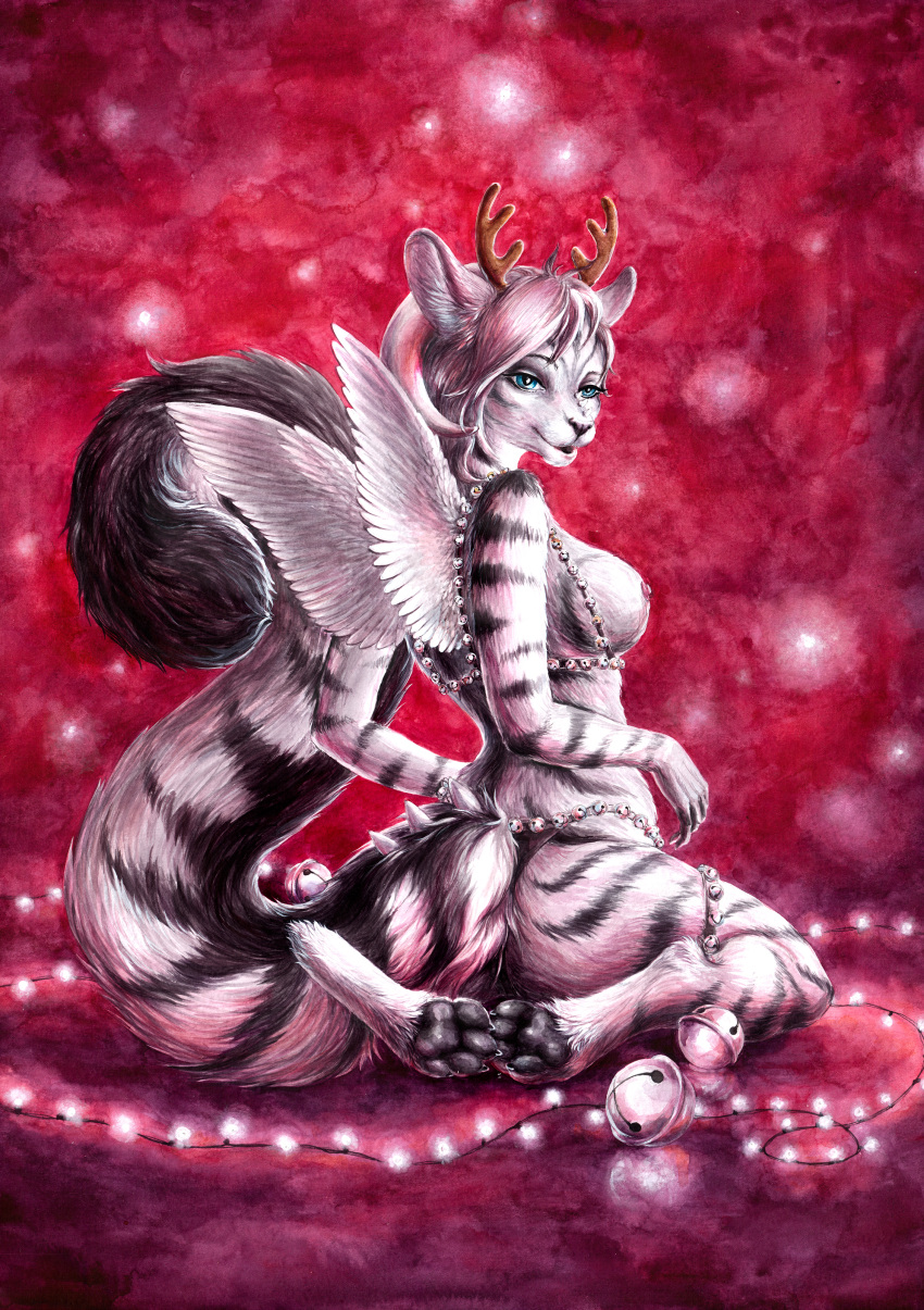 absurd_res anthro bell christmas domestic_cat dragon elkir felid feline felis female fur garland harness hi_res holidays horn hybrid light mammal painting_(artwork) paws solo traditional_media_(artwork) watercolor_(artwork) wings winter