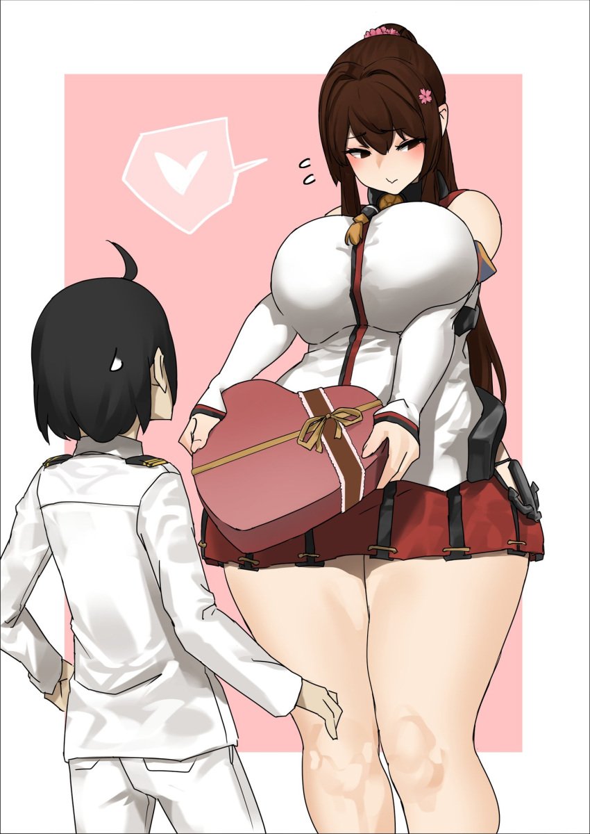 big_breasts black_hair blush breast breast_press breast_squeeze chocolate curvy cute dark_hair embarrassed heart huge_breasts skirt surprised tall taller_girl thick thick_thighs uru_(uru0000) valentine valentine's_day valentines_day voluptuous wide wide_hips