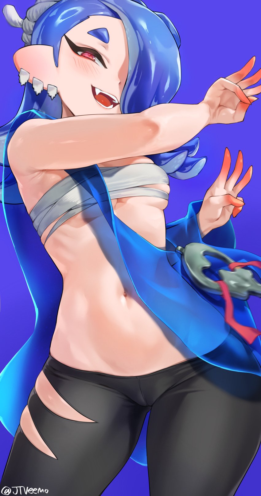 1girls absurd_res armpit_crease armpits blue_theme breasts chest_wraps deep_cut_(splatoon) eye_contact female fully_clothed half-closed_eyes humanoid jtveemo looking_at_viewer nintendo octoling piercing pointy_ears red_eyes shiver_(splatoon) small_breasts solo solo_female splatoon splatoon_3 standing tentacle_hair tight_clothing tight_pants wraps