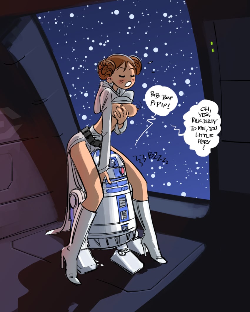 1girls au_(artist) blush boli-blog closed_eyes dialogue erect_nipples female_only high_heels masturbation parody_porn perky_breasts princess_leia_organa r2-d2 robot self_fondle shirt_lift short_hair space star_wars vibrator