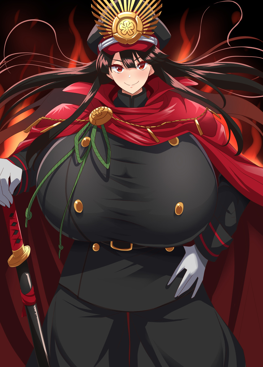 1girls asian bangs big_breasts brown_hair cape clothed clothing fate/grand_order fate_(series) female female_only fire gloves hat huge_breasts hyper hyper_breasts katana kloah large_breasts looking_at_viewer oda_nobunaga oda_nobunaga_(fate) pose red_eyes smile solo solo_focus sword uniform weapon