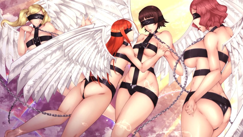 4girls angel_(megami_tensei) angel_(megami_tensei)_(cosplay) angel_wings ann_takamaki bondage byakkun cosplay haru_okumura lingerie makoto_niijima megami_tensei multiple_girls persona persona_5 sakura_futaba