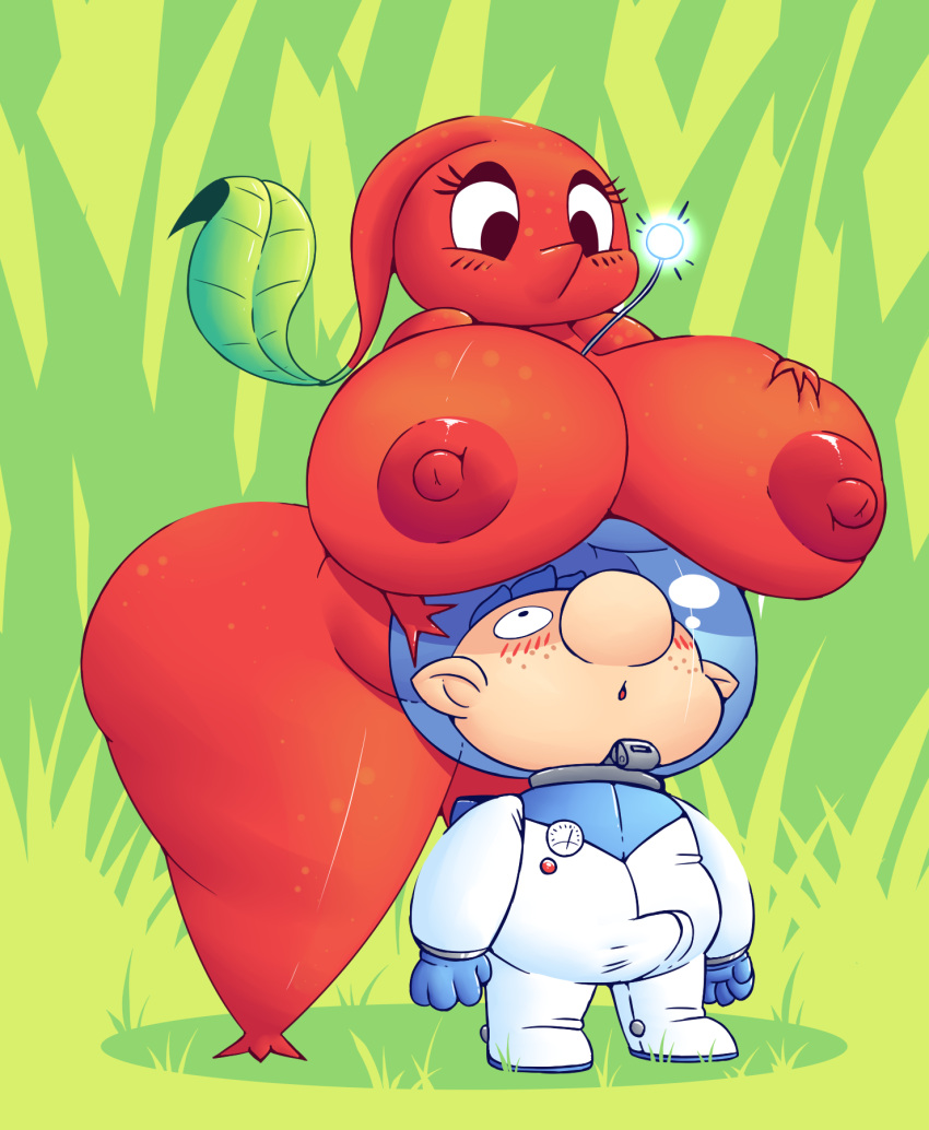 1boy 1boy1girl 1girls 2020 alien alph_(pikmin) areola astronaut_suit big_breasts blush breasts bulge completely_nude completely_nude_female elemental_creature eyelashes female flora_fauna full_body grass hi_res huge_breasts humanoid humanoid_pointy_ears huztar large_ass large_breasts looking_up male male/female naked naked_female nintendo nipples not_furry nude nude_female open_mouth pikmin pikmin_(species) plant red_body red_pikmin size_difference standing thick_thighs video_games wide_hips