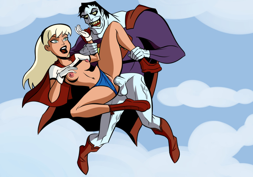 1boy 1girls anal anal_insertion anal_sex bizarro black_hair blonde_hair blue_eyes boots bottomless breasts crop_top crop_top_lift dc dc_comics dcau flying kara_danvers kara_in-ze kara_kent kara_zor-el lipstick long_hair mistermultiverse nipples panties panties_aside partially_clothed penis pussy red_cape supergirl superman:_the_animated_series superman_(series) vagina white_skin