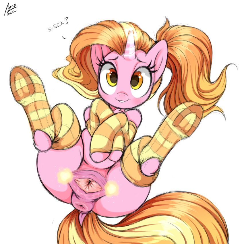 1:1 1girls 2021 aer0_zer0 anus clothing digital_media_(artwork) english_text equid equine eyebrows eyelashes female female_only friendship_is_magic furry gaping gaping_pussy genitals hasbro hi_res horn legwear looking_at_viewer luster_dawn_(mlp) mammal my_little_pony pattern_clothing pattern_legwear pussy simple_background smile solo spread_pussy spreading striped_clothing striped_legwear stripes text tongue tongue_out unicorn white_background