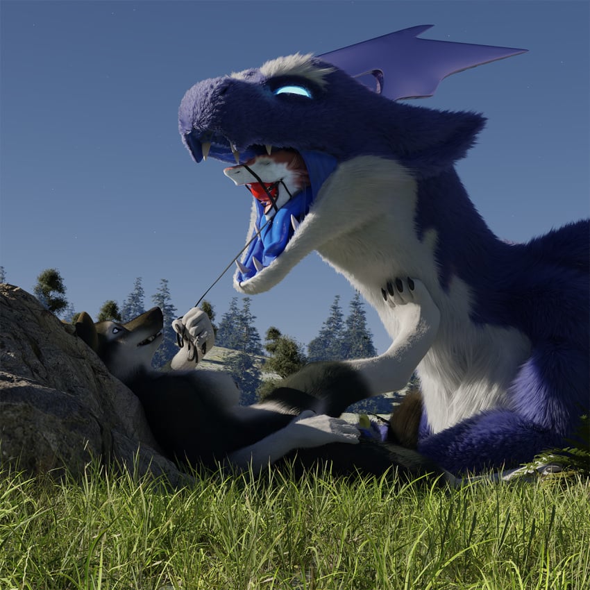 1:1 2021 3d 3d_(artwork) anthro arceronth ball_gag blender blender_(software) blue_body blue_eyes blue_fur blue_insides blue_tongue bodily_fluids canid canine canis digital_media_(artwork) dragon female feral fluffy forced fur furred_dragon gag group hi_res horn hungry hybrid imminent_vore leash leash_pull lothar male male_pred mammal mouth_shot multicolored_body multicolored_fur open_mouth oral_vore racf92 saliva sergal size_difference soft_vore swallowing teeth throat tongue tongue_out tuft two_tone_body two_tone_fur vore wet white_body white_fur wolf