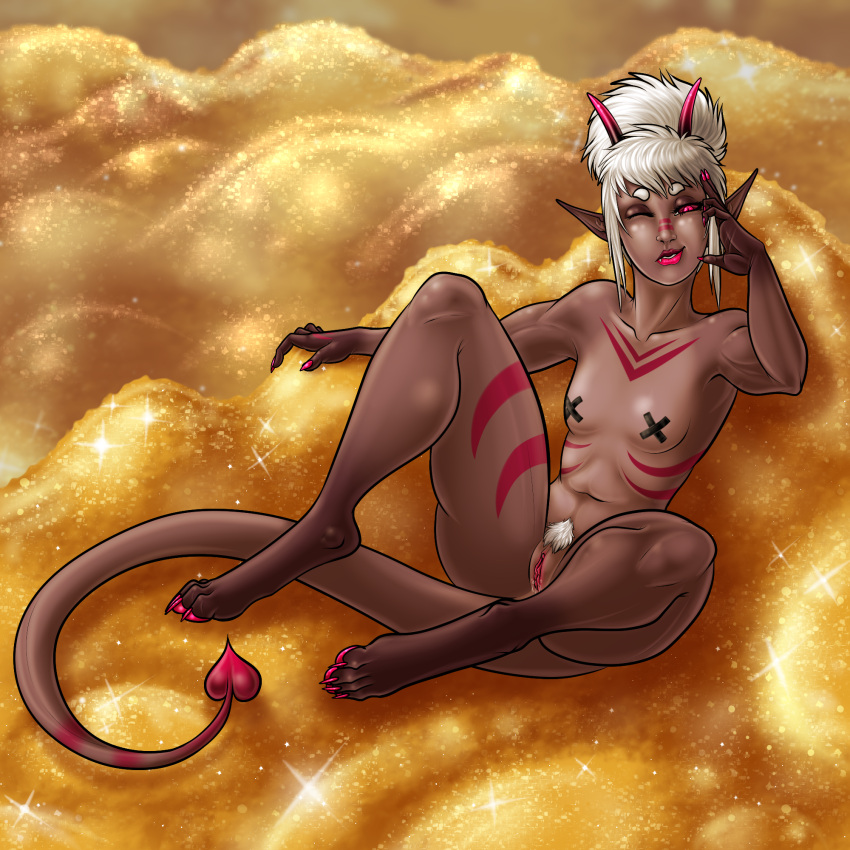 1:1 colored_nails dark_sclera demon fangs female feralcatalyst genitals gold_(metal hair hi_res horn humanoid markings monodog(artist) nails navel noxia pasties pawpads pink_eyes pinup pose pubes pussy solo spade_tail white_hair white_pubes