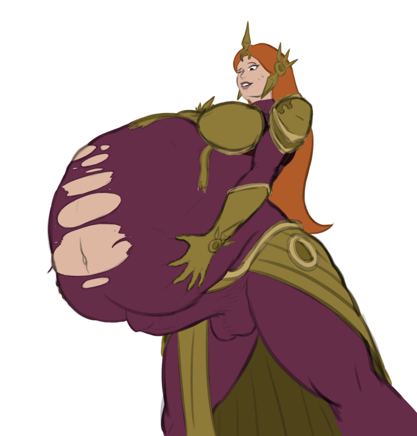 1futa balls belly big_belly bulge diana erection erection_under_clothes freyahart futa_only futanari hands_on_belly league_of_legends leona_(league_of_legends) one_eye_closed penis red_hair same_size_vore solo solo_futa sweat torn_clothes vore