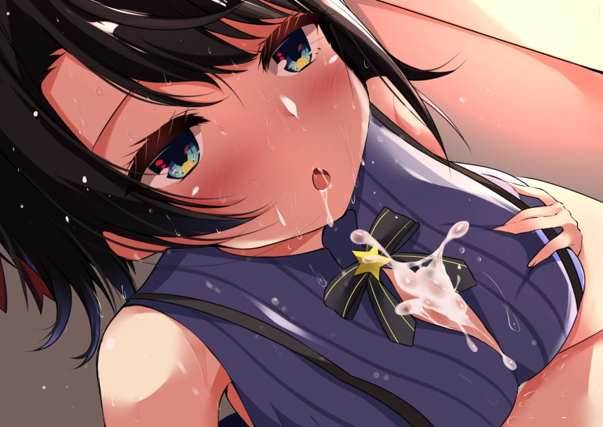 1boy bangs black_bow black_hair blue_eyes blush bow breast_squeeze breasts cum cum_on_body cum_on_breasts drooling ejaculation eyebrows_visible_through_hair female highres hololive hololive_gen_2 hololive_japan oozora_subaru open_mouth paizuri paizuri_under_clothes saliva shirt short_hair sleeveless solo_focus straight striped striped_shirt suspenders sweat vertical-striped_shirt vertical_stripes virtual_youtuber zatu