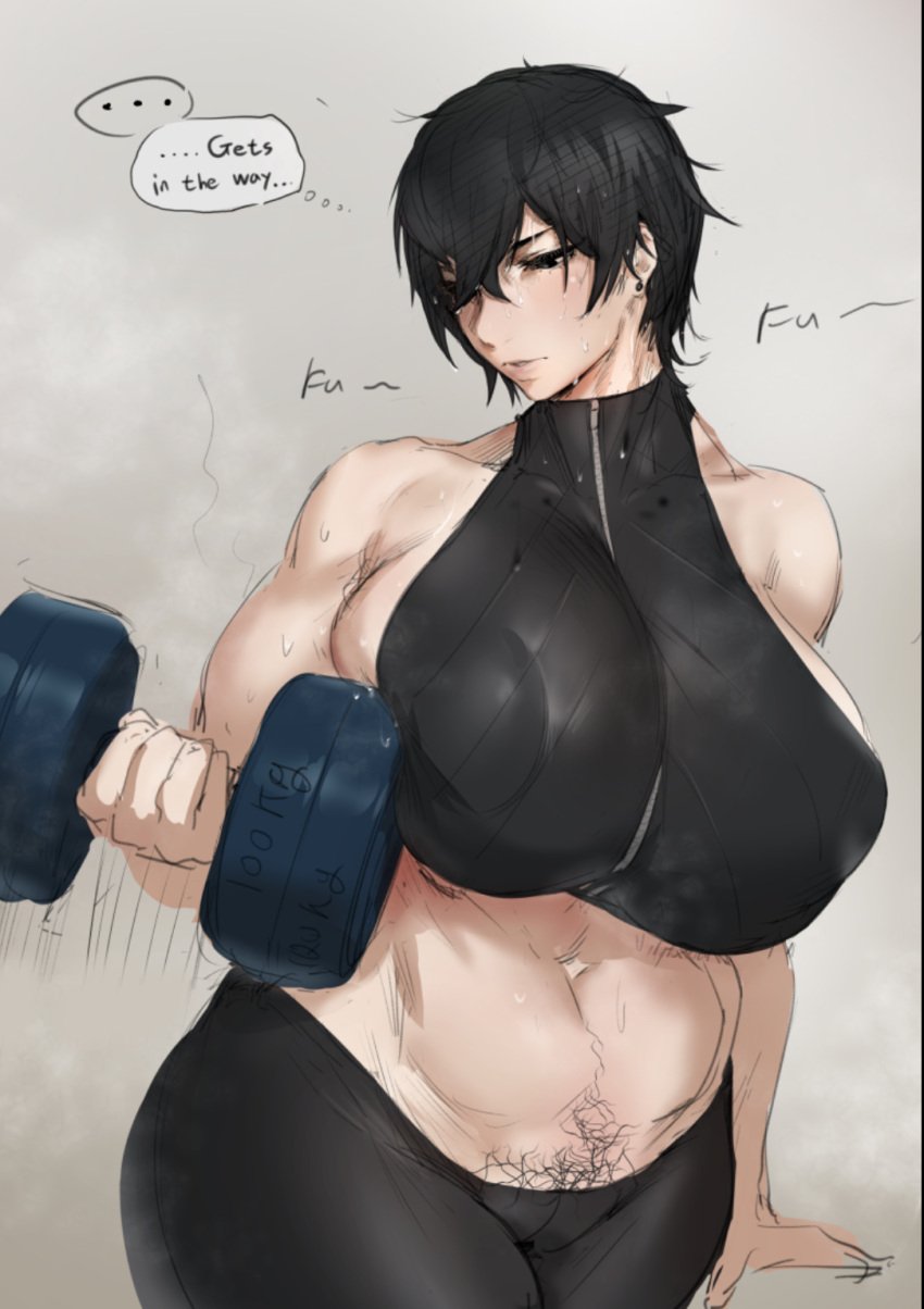 1girls abs areola areola_bulge armpit_hair bangs bare_shoulders belly big_bottom_lip big_breasts black_eyes black_hair breasts demon demon_girl dumbbell english_text exercise female female_armpit_hair female_only hair hairy hairy_armpits happy_trail huge_breasts inconvenient_breasts kunaboto kurogane_(kunaboto) midriff musclegut muscular muscular_female nipple_bulge original_character pale-skinned_female pale_skin pants pose pubic_hair pubic_hair_peek pussy_bulge shirt short_hair sideboob slightly_chubby solo sweat tank_top text thick_thighs thighs tomboy venus_body very_short_hair weightlifting wide_hips