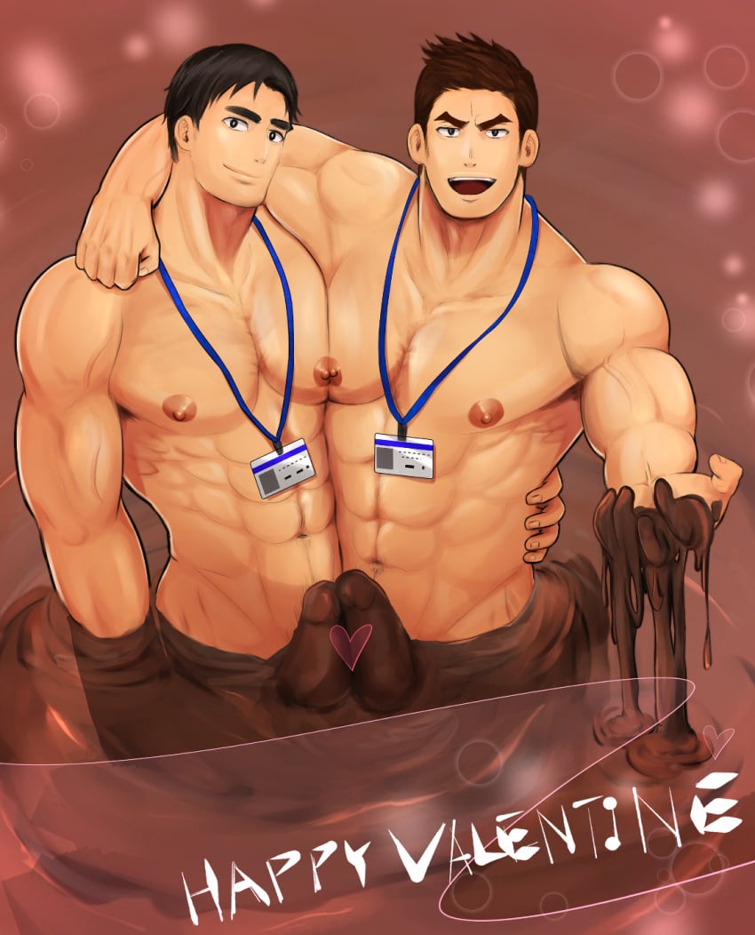 2boys :d abs arm_around_shoulder bara black_hair brown_hair chocolate chocolate_on_body completely_nude couple duo english_text erection food_on_body hand_on_hip happy_valentine head_tilt heart highres human human_only large_pectorals looking_at_viewer male male/male male_focus male_nipples male_only multiple_boys multiple_penises muscle muscles muscular muscular_male navel navel_hair nipple-to-nipple nipples nipples_touching nude nude_male open_mouth original pecs pectoral_docking pectoral_press penis penises_touching short_hair six_pack smile stomach valentine veiny_muscles yaoi yuki_goroku