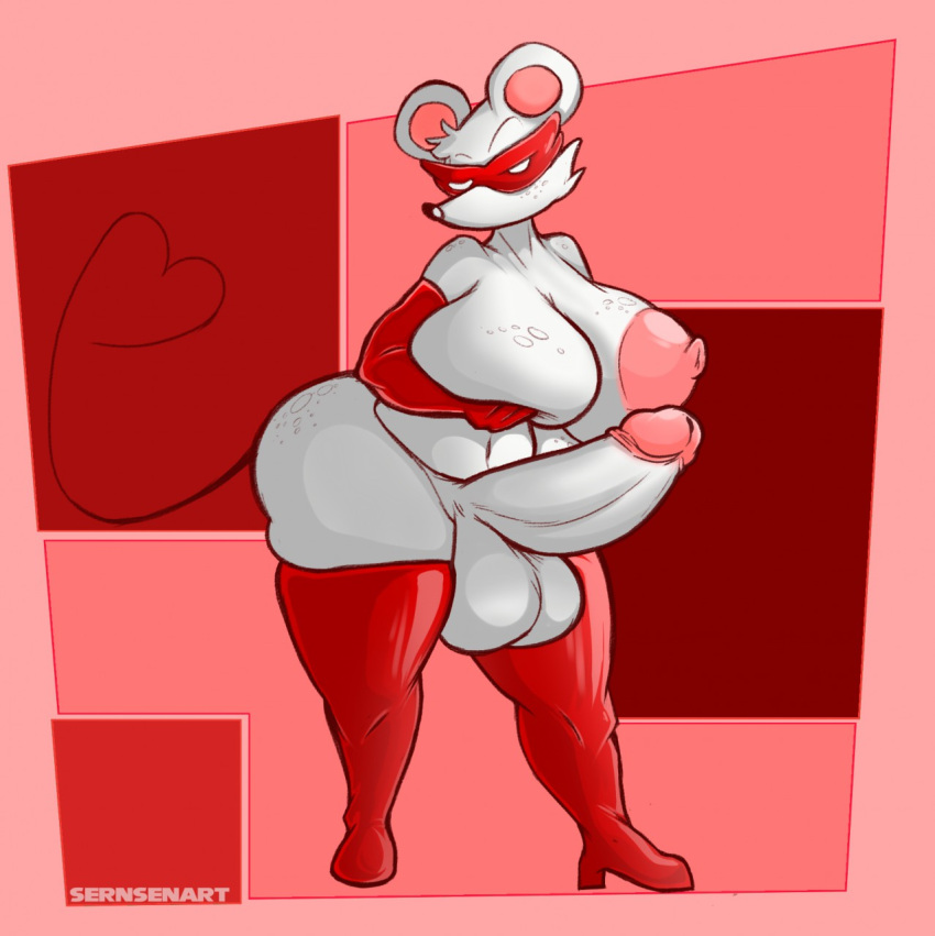 2020 anthro black_nose breasts erection footwear furry futanari genitals hand_on_breast high_heels highres huge_breasts large_breasts mammal mario_(series) mouse ms._mowz murid murine navel nintendo one_eye_closed paper_mario penis rodent sernsenart shoes solo standing straight_hair testicles thick_thighs