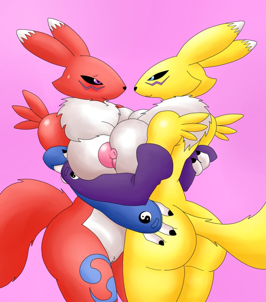 anthro ass big_breasts big_butt blue_eyes blush breast_squish breasts breasts_frottage butt_grab canid canine chest_tuft claws clothed clothing curvy_figure dgfox digimon digimon_(species) digital_media_(artwork) duo female female/female fur hand_on_butt hi_res looking_at_another mammal multicolored_body nipples nude purple_eyes red_body red_fur renamon simple_background smile squish symmetrical_docking thick_thighs tuft yellow_body yellow_fur yuri