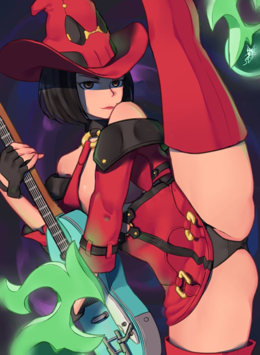 black_hair black_panties bob_cut brown_eyes guilty_gear guitar i-no leg_lift leg_up minidress musical_instrument panties pantyshot pantyshot_(kicking) short_hair spread_legs suwaiya tagme thigh_boots thighhighs