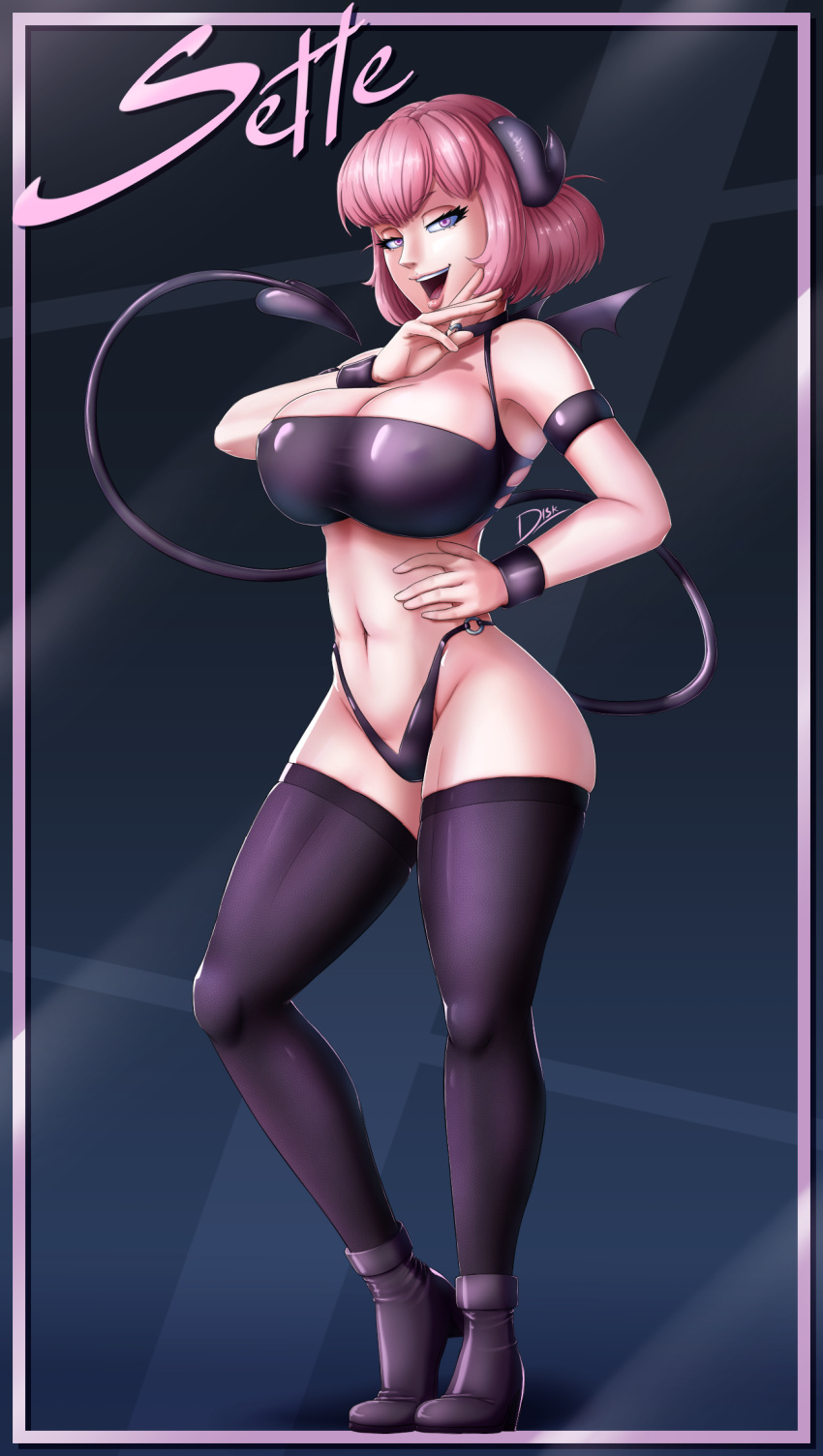 armpits breasts diskette female female_only horns light-skinned_female light_skin looking_at_viewer nipple_bulge pink_hair sette_(diskette) short_hair solo succubus succubus_tail tail thick_thighs thighhighs thighs voluptuous