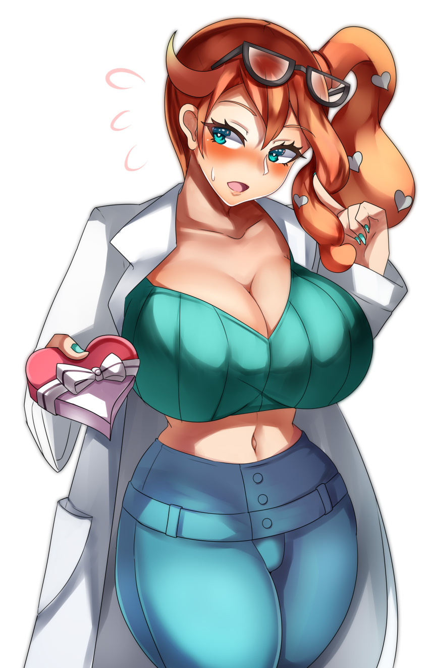 1girls alternate_breast_size aqua_eyes big_breasts blush curvy_figure eyewear_on_head female glasses_on_head huge_breasts jeans large_breasts nintendo pokemon pokemon_ss solo sonia_(pokemon) standing sunglasses_on_head sweater tea_texiamato valentine's_day white_background