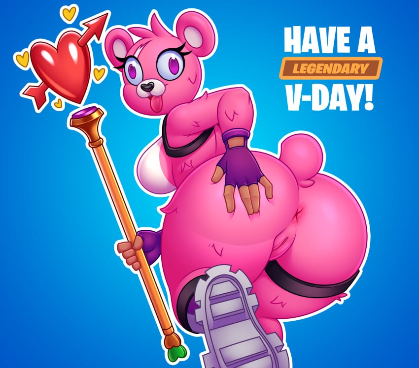 2021 acstlu anthro anthrofied anus ass big_butt breasts cuddle_team_leader english_text epic_games female female_only fortnite fur genitals hi_res huge_butt looking_at_viewer looking_back mammal open_mouth pink_body pink_fur purple_eyes pussy solo tagme text tongue tongue_out ursid video_games
