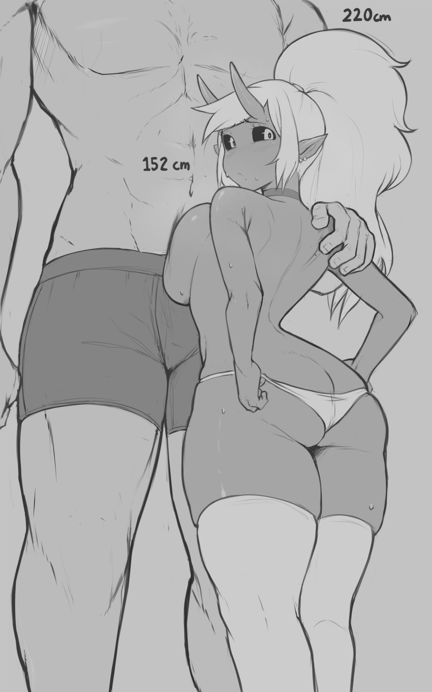 1boy 1girls bagel_(bagelbomb) bagelbomb big_ass big_breasts black_and_white black_sclera blush boxers breast_press choker dark-skinned_female demon demon_girl demon_horns ear_piercing female height_difference hips larger_male long_hair looking_at_viewer looking_back male monochrome oni oni_horns original panties pointy_ears ponytail shorter_female shortstack sideboob skindentation sweat taller_male thick_thighs thighhighs topless underwear white_hair