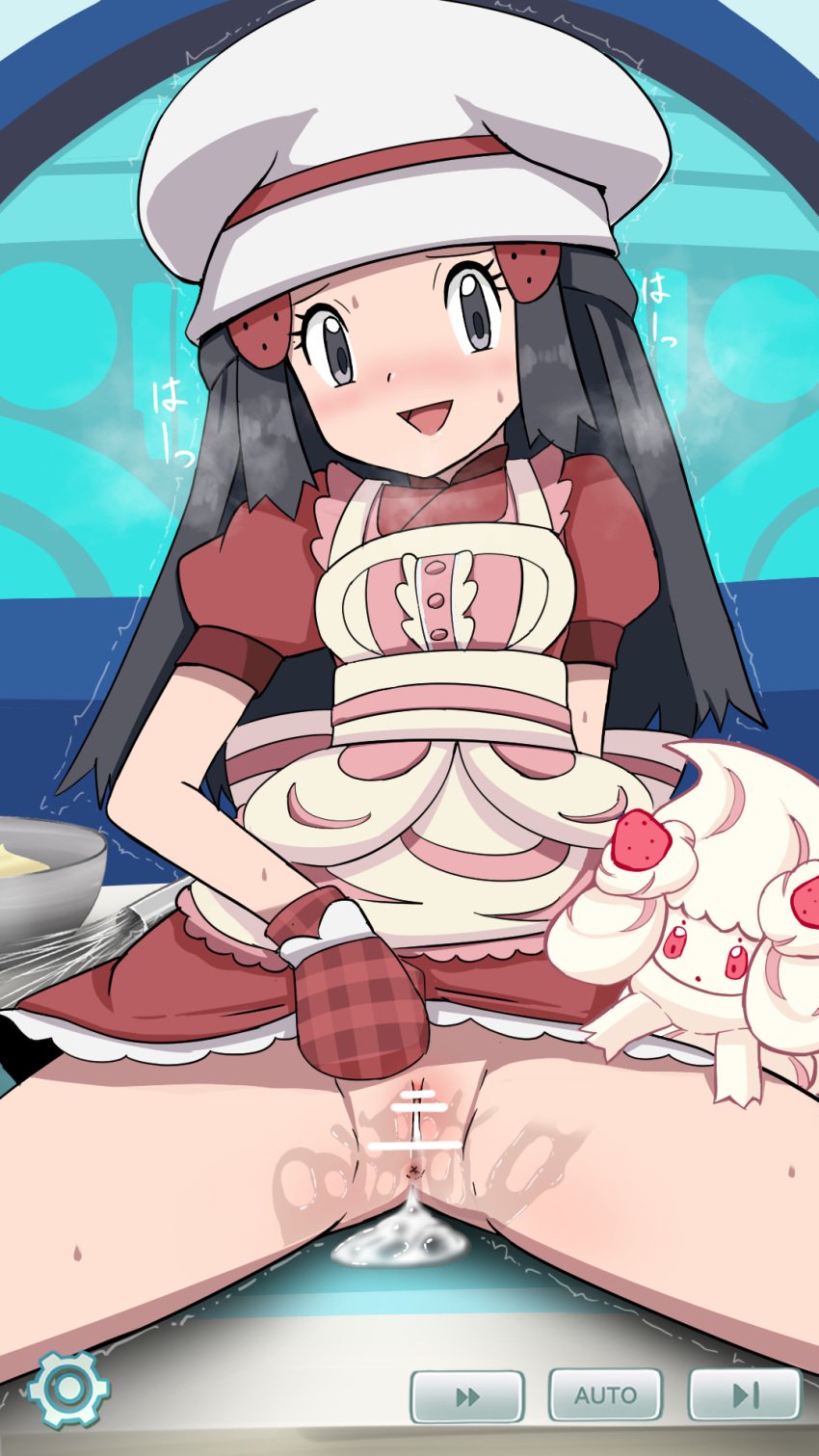 1girls alcremie alternate_costume apron blue_hair blush bottomless cum cum_in_pussy dawn_(pokemon) furanshisu grey_eyes hat hud long_hair looking_at_viewer mittens no_panties official_alternate_costume open_mouth palentine's_day_dawn pokemon pokemon_dppt pokemon_masters pov