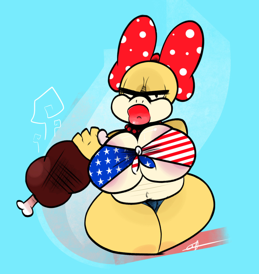 1girls american_flag_bikini american_flag_bikini_top anthro bald big_breasts big_lips big_thighs bikini black_eyes bow breasts curvy female female_only flag_bikini food half-closed_eyes holding_food holding_meat light_blue_background lips looking_at_viewer mario_(series) meat necklace nintendo ota_(artist) pearl_necklace plump_lips polka_dot_bow shorts solo thick thick_hips thick_lips thick_thighs thighs wendy_o._koopa wide_hips