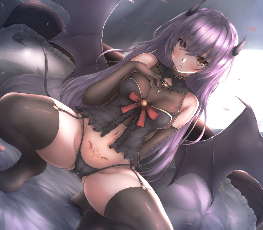 absent cameltoe horns lingerie pantsu pussy_juice see_through stockings tail tattoo thighhighs wings