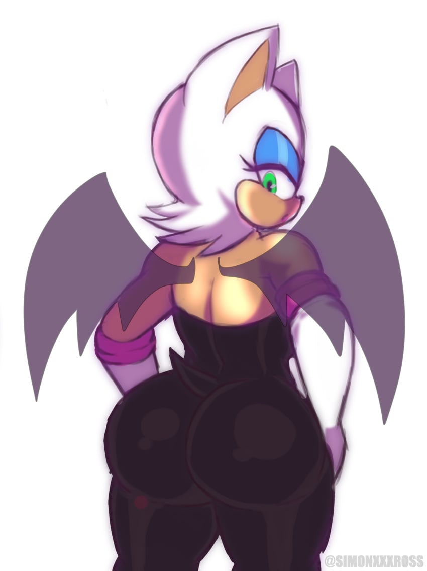 1girls 2020 anthro ass bat big_ass bodysuit bubble_butt chiropteran cleavage clothing crossnsfw fat_ass female female_only gloves green_eyes hand_on_hip looking_at_viewer looking_back rouge_the_bat simoncrips solo sonic_(series) thick_thighs wings