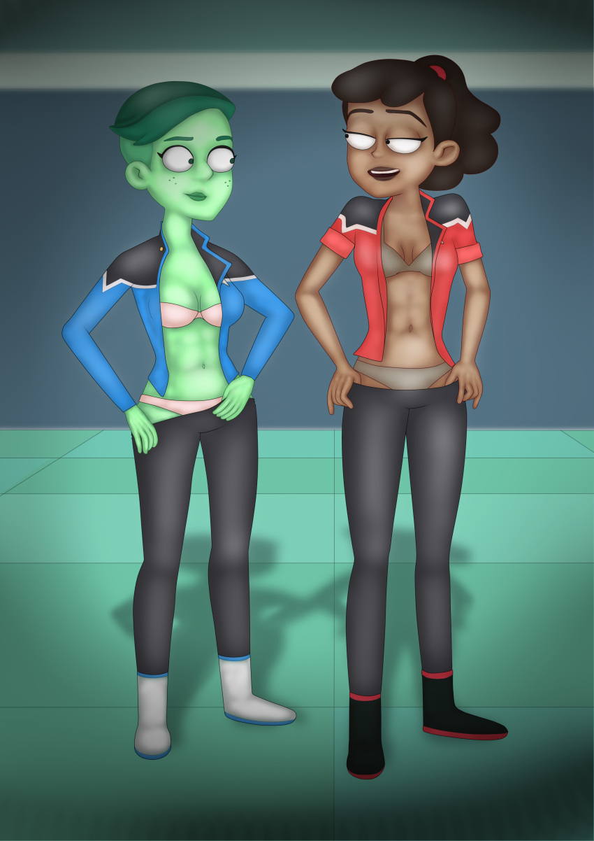 2020 abs alien beckett_mariner blue_shirt bra cleavage couple d'vana_tendi dark_skin duo evgeny_makhlov female freckles green_eyes green_hair green_skin human humanoid looking_at_another navel orion_(species) panties ponytail red_hairband red_shirt sleeves_rolled_up star_trek star_trek_lower_decks starfleet_uniform undercut undressing yuri