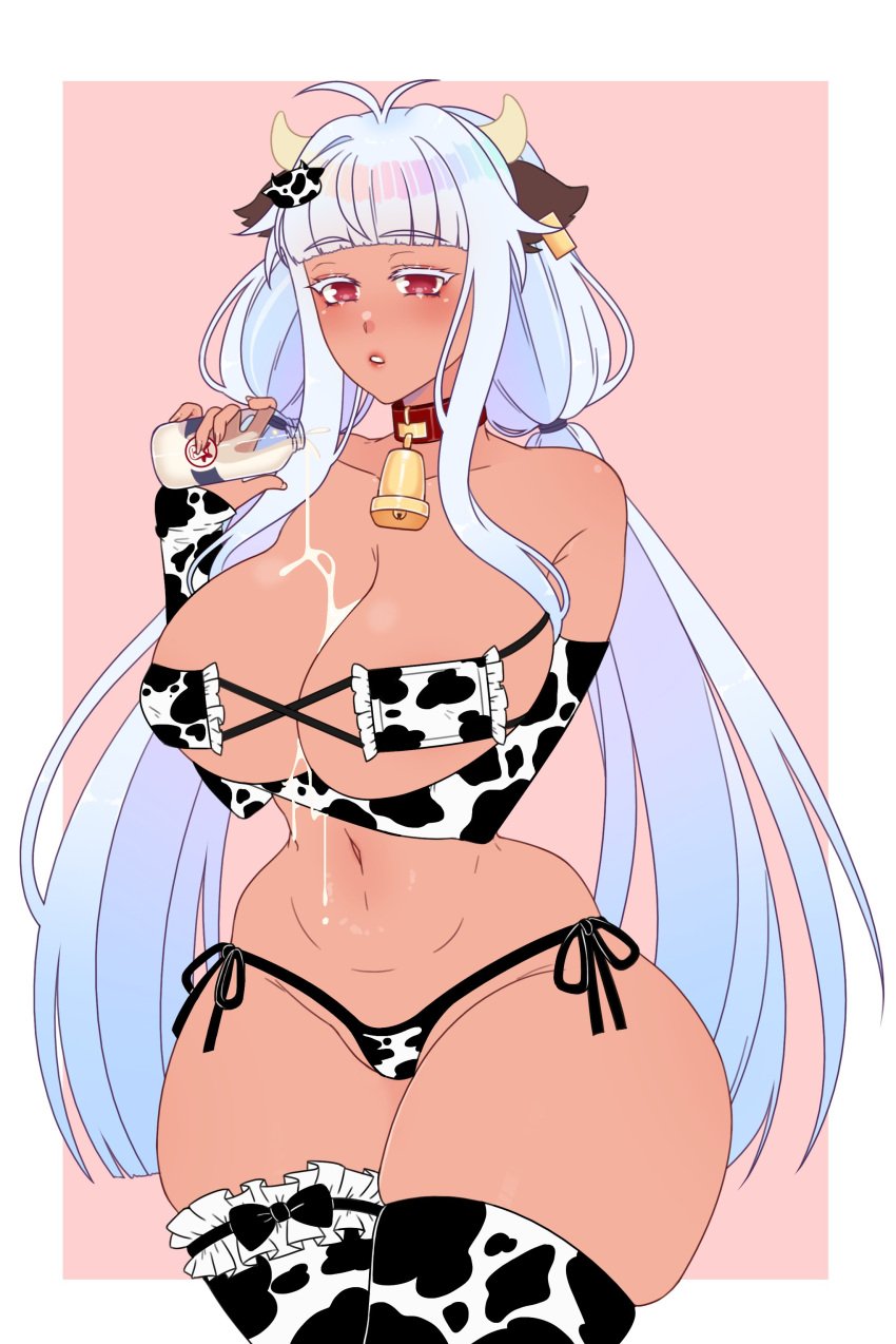 1girls alter_minari_(jojoniumart) bangs big_breasts bikini blue_hair cow_girl cow_print cryptid_crab dark-skinned_female dark_skin eyepatch_bikini gloves huge_breasts large_breasts liquid long_hair milk red_eyes solo solo_female spilling thick_thighs thighhighs very_long_hair year_of_the_ox