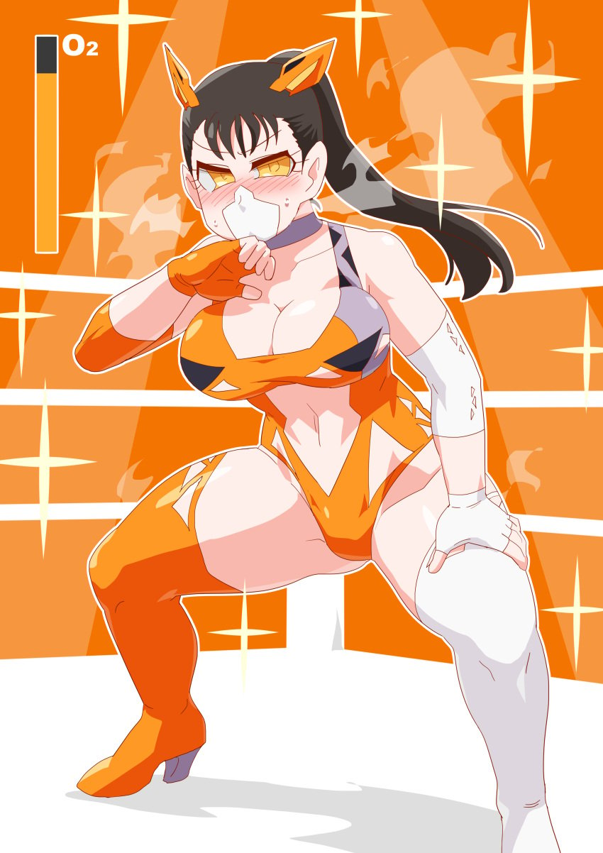 1girls bending_over big_breasts big_thighs blush brown_hair cat_ears choker gloves hand_on_chin hand_on_knee high_heels kamen_rider kamen_rider_valkyrie kamen_rider_zero-one_(series) legs_apart long_hair looking_at_viewer mask masked orange_background otokam1117 oxygen oxygen_mask sole_female spandex standing thick_thighs thigh_highs thighhighs tied_hair visible_breath white_gloves wrestling wrestling_outfit wrestling_ring yellow_eyes yellow_gloves yua_yaiba