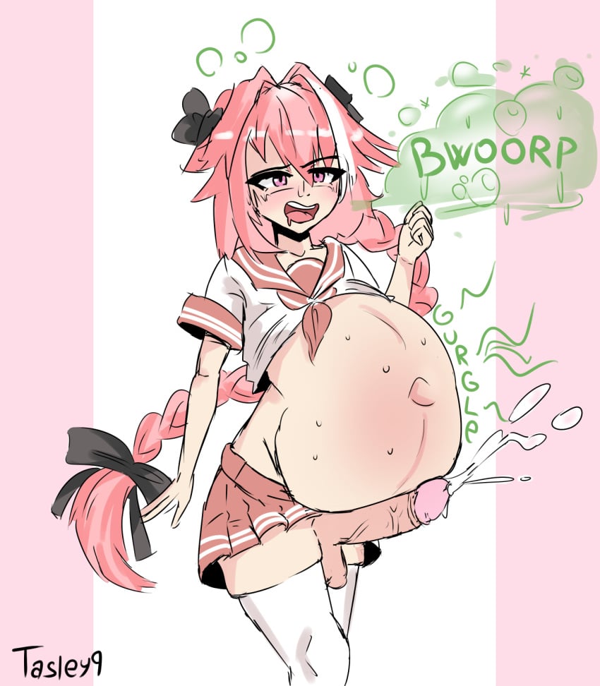 1boy androgynous astolfo_(fate) belly big_belly bloated burp burp_cloud burping cum erection fate_(series) femboy girly hung_trap male male_only penis pink_hair ponytail solo stomach_noises sweat tasley91 vore