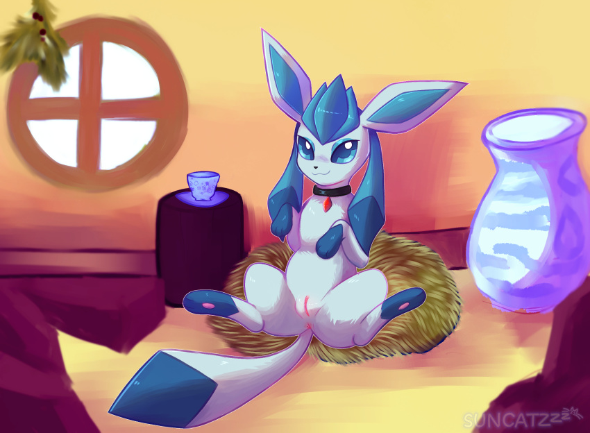 collar cup eeveelution fan_character female feral freya_howell furniture gem genitals glaceon hay_bed hi_res inside mammal nintendo pokémon_(species) pokemon pokemon_mystery_dungeon presenting presenting_pussy pussy scorbunny_(artist) solo table vase video_games wanderlust window