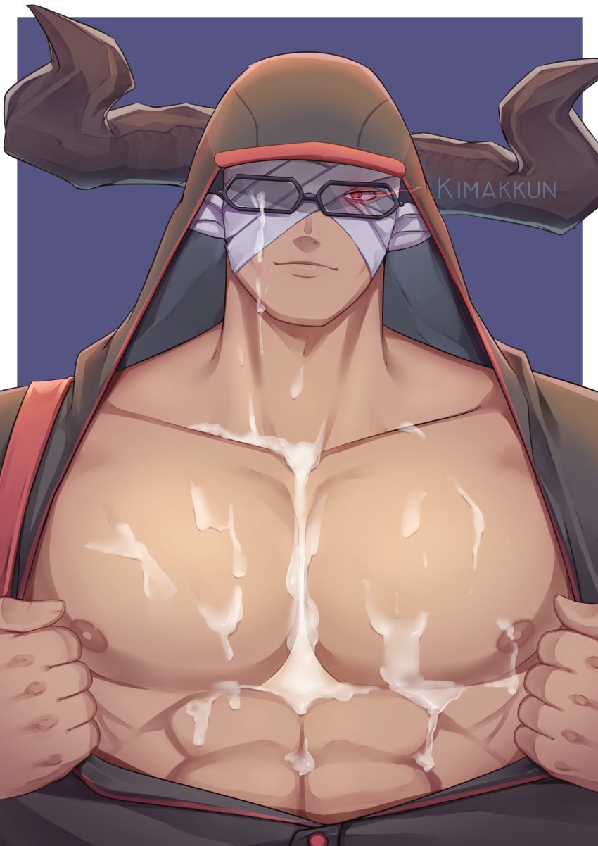 1boy abs absurdres bandages bara bare_pecs black-framed_eyewear black_jacket collarbone cum cum_on_body cum_on_pectorals dark-skinned_male dark_skin demon_boy demon_horns draph glowing glowing_eye granblue_fantasy highres hood hooded_jacket horns implied_yaoi jacket kimakkun large_pectorals male_focus male_only mature_male muscular muscular_male nipples open_clothes open_jacket pectoral_focus pectorals red_eyes solo upper_body vaseraga