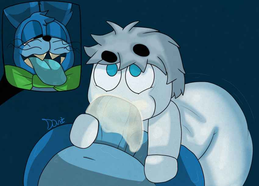 2boys anthro balls big_balls big_penis blue_eyes blue_fur blue_skin bowtie cum cum_in_mouth cum_on_face digital_media_(artwork) duo erection eyebrows_visible_through_hair eyelashes fellatio fur furry gay genitals ghost ghost_(plushtrapboyuwu) grabbing_penis grey_skin hair humanoid humanoid_genitalia humanoid_penis interspecies lagomorph legs looking_pleasured mammal naked nude one_eye_closed open_mouth oral orgasm penis plushtrapboyuwu rabbit ragplush_(plushtrapboyuwu) sex sharp_teeth simple_background smile standing sweat teeth testicles thick_thighs thighhighs thighs tongue tongue_out vein veins veiny_penis white_body white_skin wide_hips yaoi young