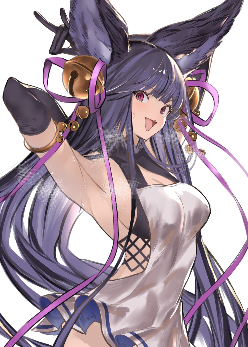 absurdres animal_ears armlet armpits arms_behind_head arms_up bangs bare_shoulders bell black_gloves black_hair blush breasts cleavage dress elbow_gloves erune female fox_ears fox_shadow_puppet fox_tail gloves granblue_fantasy hair_bell hair_ornament highres huge_filesize jikatarou jingle_bell large_breasts long_hair looking_at_viewer open_mouth purple_eyes purple_ribbon ribbon short_dress simple_background smile steam sweat tail very_long_hair white_background white_dress yuel_(granblue_fantasy)