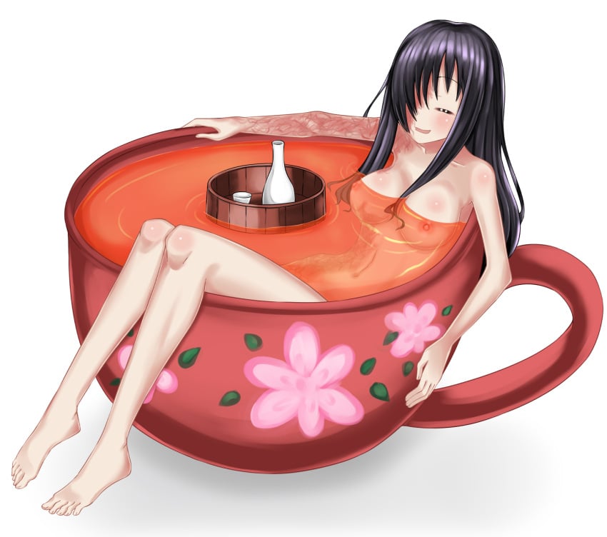 1girls bath bathing breasts burn_scar closed_eyes female female_only hair_over_one_eye ikezawa_hanako ikezawa_hanako katawa_shoujo long_hair naked nude purple_hair relaxing sake solo solo_focus tea teacup yon_senpai