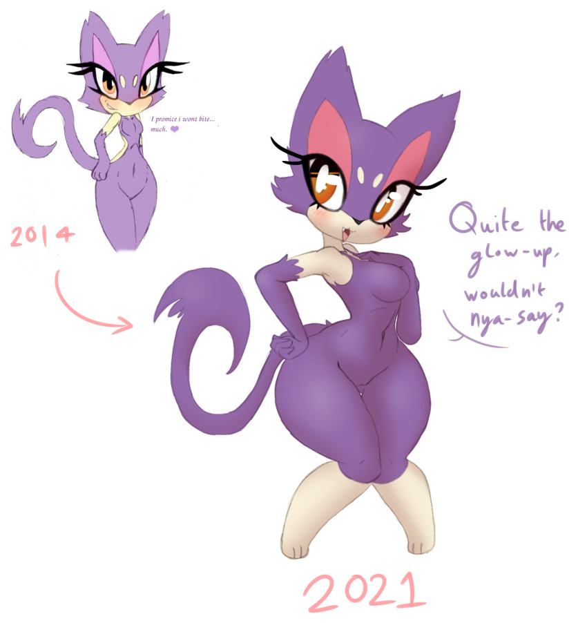 2021 anthro bit-small breasts colored dialogue eyelashes fangs featureless_breasts female genitals glistening glistening_eyes hand_on_chest hand_on_hip hi_res navel nintendo orange_eyes pokémon_(species) pokemon purple_body purrloin pussy simple_background solo tan_body text thick_thighs video_games white_background