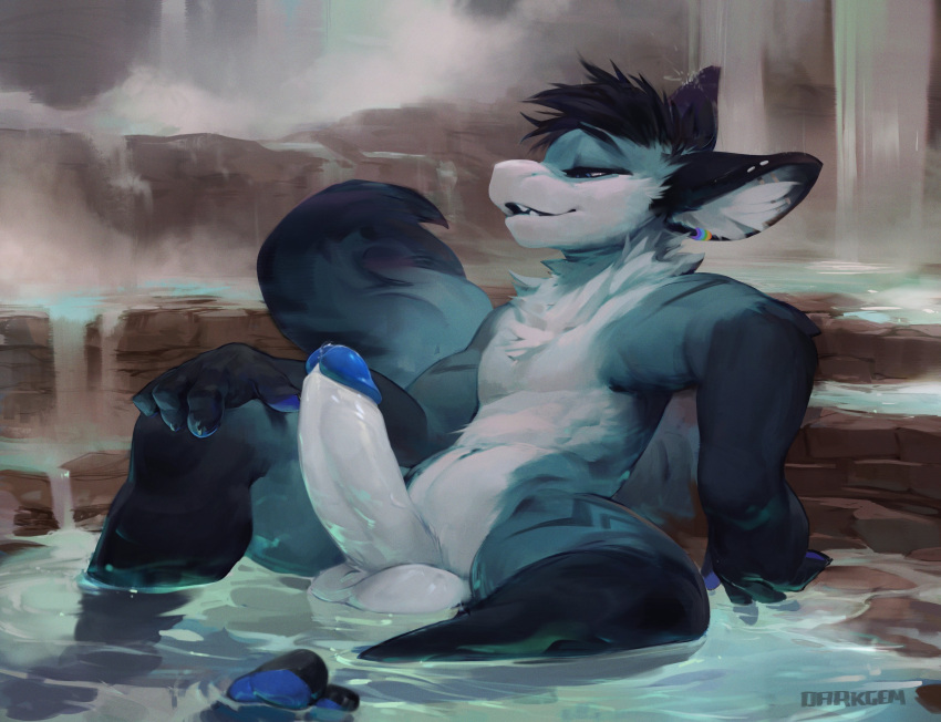 1boy absurd_res anthro bathing big_penis darkgem dragon erection genitals hi_res hot_spring lumikin male male_only penis relaxing solo water