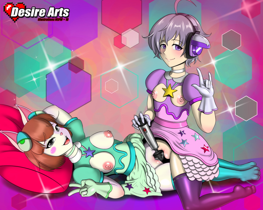 animal_crossing breastless_clothing desire_arts dress dress_lift exposed_breasts felicity_(animal_crossing) felid feline human interspecies magic_wand mutual_yuri nia_(pop'n_music) nintendo pop'n_music thighhighs vibrator yuri