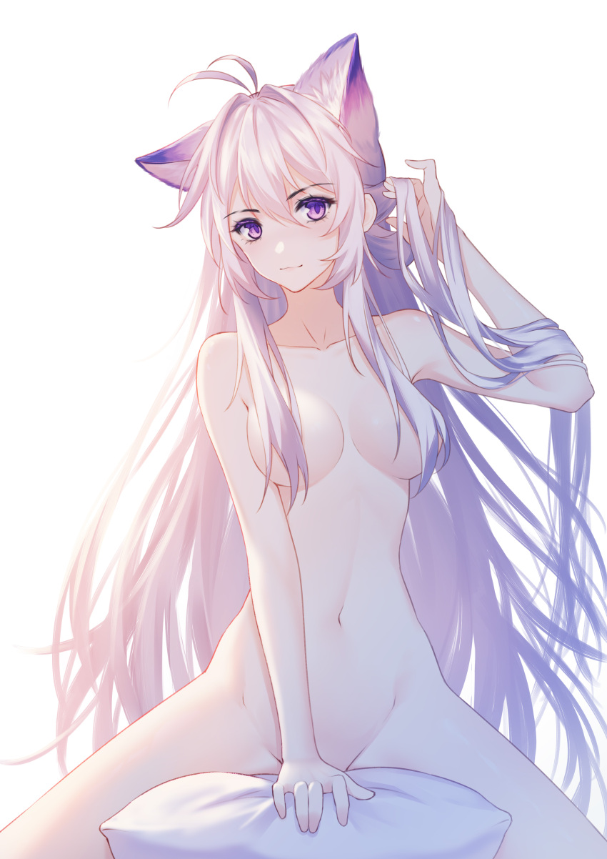 1girls absurdres animal_ears antenna_hair areolae arm_up bangs breasts commentary_request female female_only hair_between_eyes hair_covering_breasts hair_intakes highres humanoid kemonomimi kirby_d_a long_hair looking_at_viewer medium_breasts navel nipples nude original pale_skin pillow purple_eyes sidelocks silver_hair sitting smile solo stomach tail thighs vertical_splits very_long_hair white_background wolf_ears wolf_tail