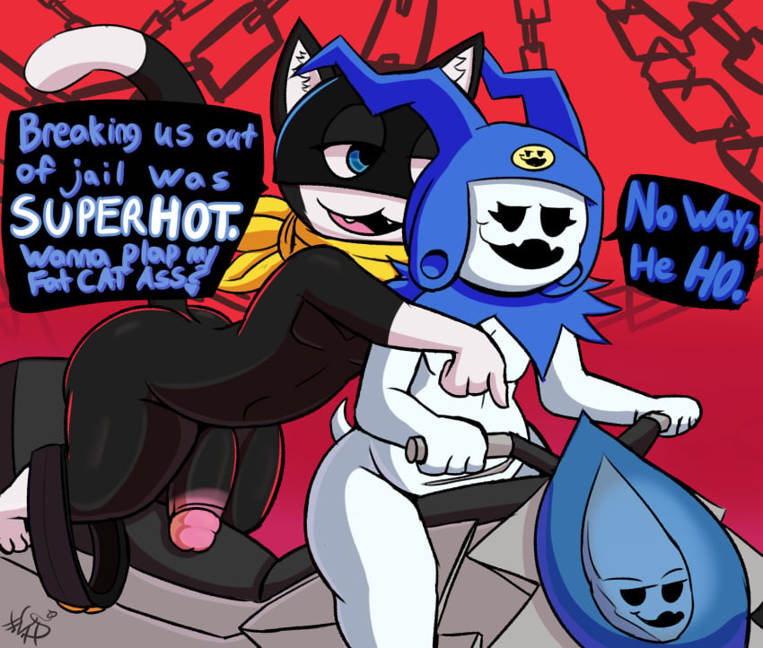 2021 2boys 4_fingers anthro ass atlus balls bandana big_butt black_balls black_body black_eyes black_mask black_penis blue_clothing blue_eyes blue_hat blue_headwear clothing dialogue dipstick_tail domestic_cat duo english_text fangs felid feline felis feminine_body fingers funny genitals glans half-closed_eyes hat headgear headwear hi_res humanoid humanoid_on_anthro inviting_to_sex jack_frost_(megami_tensei) kerchief male male/male mammal mask megami_tensei megami_tensei_persona meme morgana_(persona) mostly_nude motorcycle multicolored_tail narrowed_eyes no_pupils no_way_fag not_safe_for_reality open_mouth penis persona persona_5 pink_glans pink_penis propositioning raised_tail smile speech_bubble tail text thick_penis thighs vehicle video_games white_body yaoi yellow_bandanna yellow_kerchief