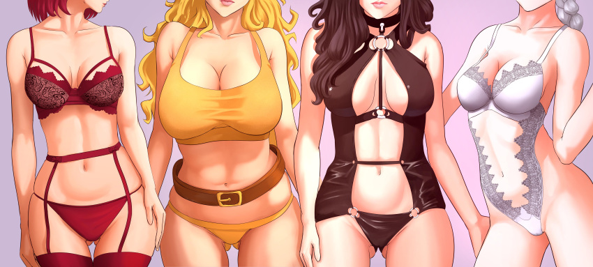 4girls abs big_breasts black_hair blake_belladonna blonde_hair bra busty cleavage clothing faunus female garter_belt garter_straps huge_breasts human lingerie long_hair medium_breasts multiple_girls panties red_hair ruby_rose rwby small_breasts sweitlik take_your_pick tank_top team_rwby toned weiss_schnee white_hair yang_xiao_long