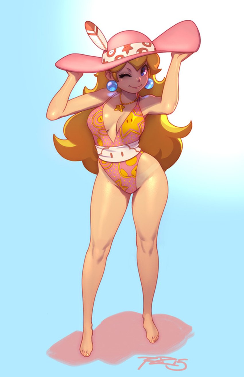 beach_wear blonde_hair blue_eyes earrings female mario_(series) milf negarobo nintendo princess_peach robaato solo solo_female super_mario_bros. swimsuit tagme tanline wide_brim_hat wide_brimmed_hat