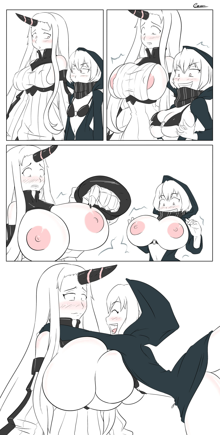 2girls black_and_white breast_expansion bursting_breasts female huge_breasts kantai_collection marcos_crot nipples re-class_battleship seaport_hime shinkaisei-kan symmetrical_docking