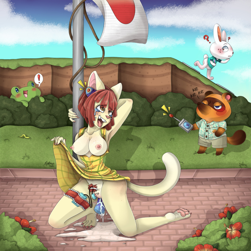 ahe_gao animal_crossing ass breasts bush bushes crying_with_eyes_open domestic_cat dress dress_lift felicity_(animal_crossing) felid feline flagpole froggy_chair looking_pleasured mind_control mortimer_todd nintendo outside pawpads rabbit red_hair ruby_(animal_crossing) thigh_strap tied_to_pole tom_nook vibrator_in_ass vibrator_in_pussy white_fur