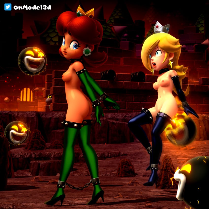 3d amp_(mario) ass blonde_hair blue_eyes bondage breasts chains dry_bones elbow_gloves electricity electrostimulation femsub high_heels mario_(series) nintendo nipples onmodel3d open_mouth opera_gloves princess_daisy princess_rosalina self_upload shackles slave_outfit super_mario_bros. thighhighs