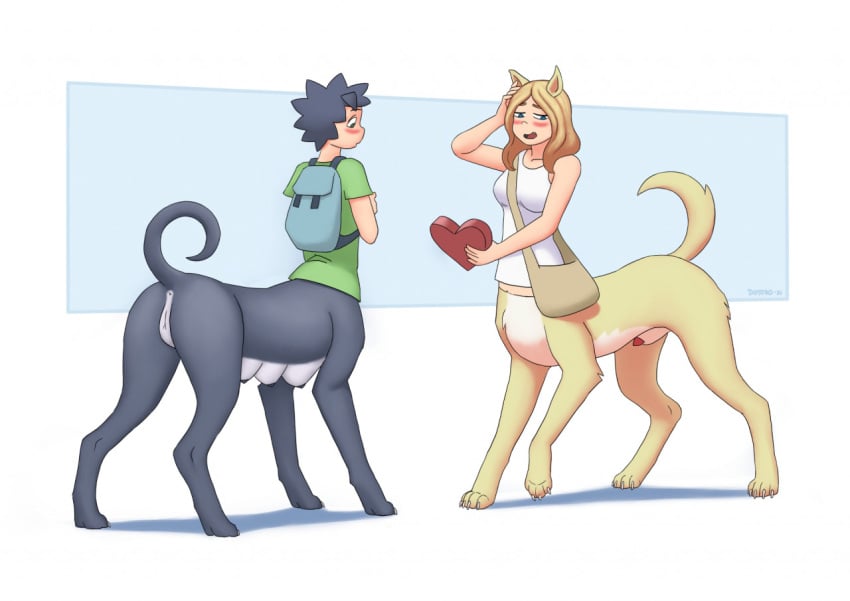 6_breasts 6_nipples animal_genitalia anus backpack bag black_body black_fur black_hair blonde_hair blush breasts canid canid_taur canine canine_taur casual clothing dotoro_(artist) duo female fully_sheathed fur futanari genitals gynomorph hair intersex mammal mammal_taur multi_breast multi_nipple nipples pale_skin pussy sheath shirt tank_top taur topwear yellow_body yellow_fur