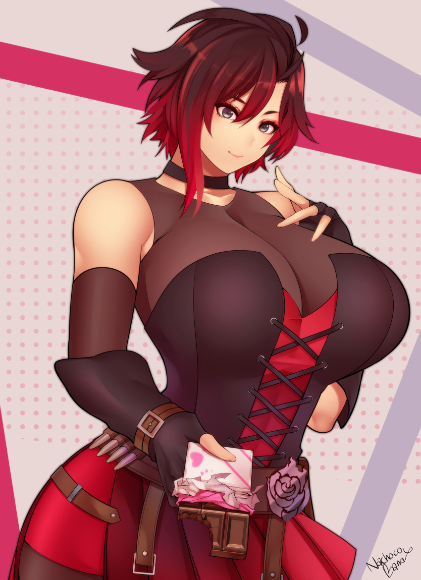 1girls big_breasts black_hair breasts chocolate choker cleavage clothed female female_only female_protagonist fingerless_gloves gloves grey_eyes huge_breasts nachocobana red_hair ruby_rose rwby short_hair solo two_tone_hair