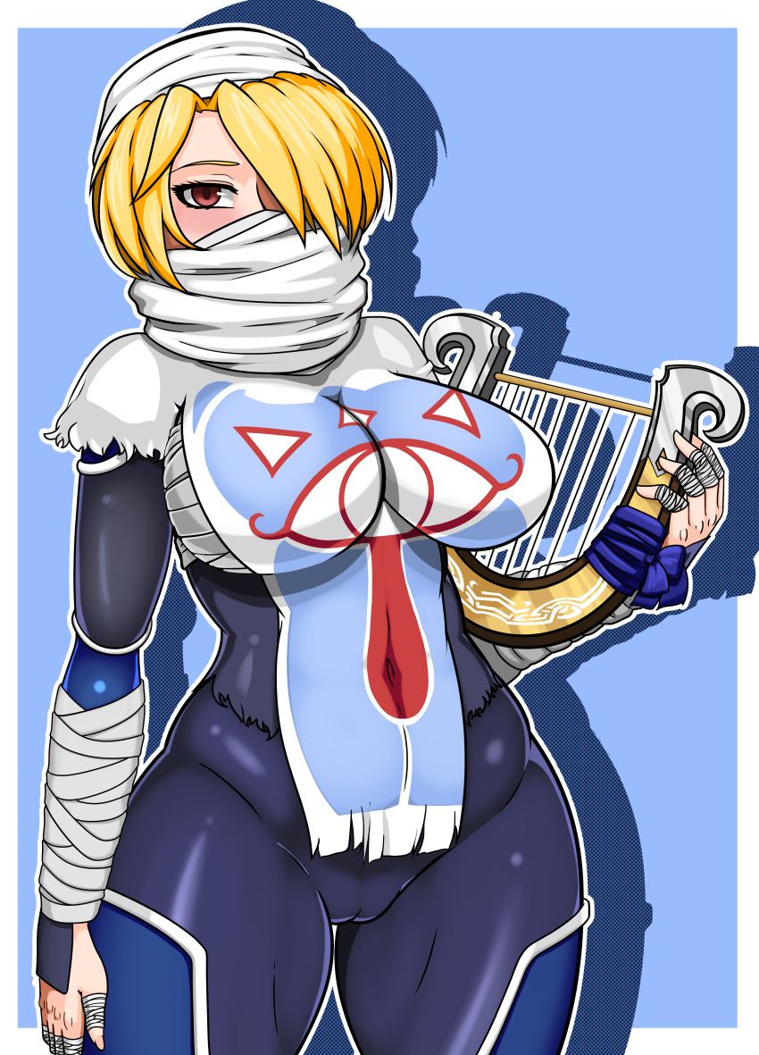 1girls big_breasts blonde_hair blush breasts cameltoe caughtpoe clothed female_only hair_over_one_eye large_breasts looking_at_viewer ocarina_of_time red_eyes sheik short_hair solo solo_female tagme the_legend_of_zelda thick_thighs thighs tight_clothing