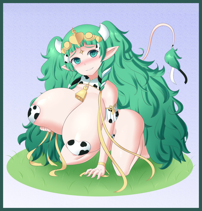 1girls alternate_breast_size braid braided_hair cow_pasties cow_print female female_only fire_emblem fire_emblem:_three_houses gigantic_breasts green_eyes green_hair huge_breasts jcdr nintendo pasties shortstack solo sothis_(fire_emblem) tail year_of_the_ox